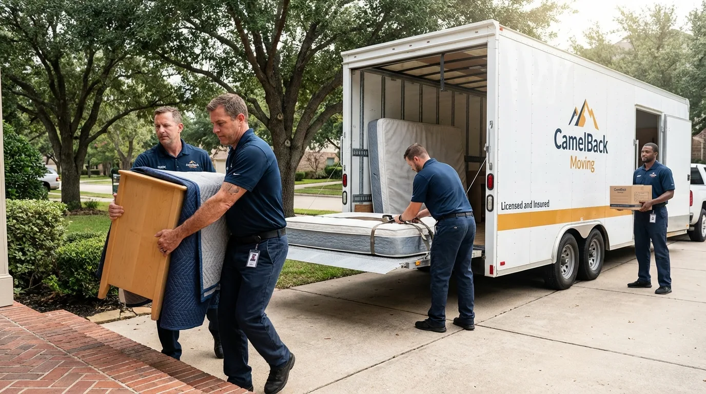 Crew loading residential truck for cross-state move from Janesville, MN