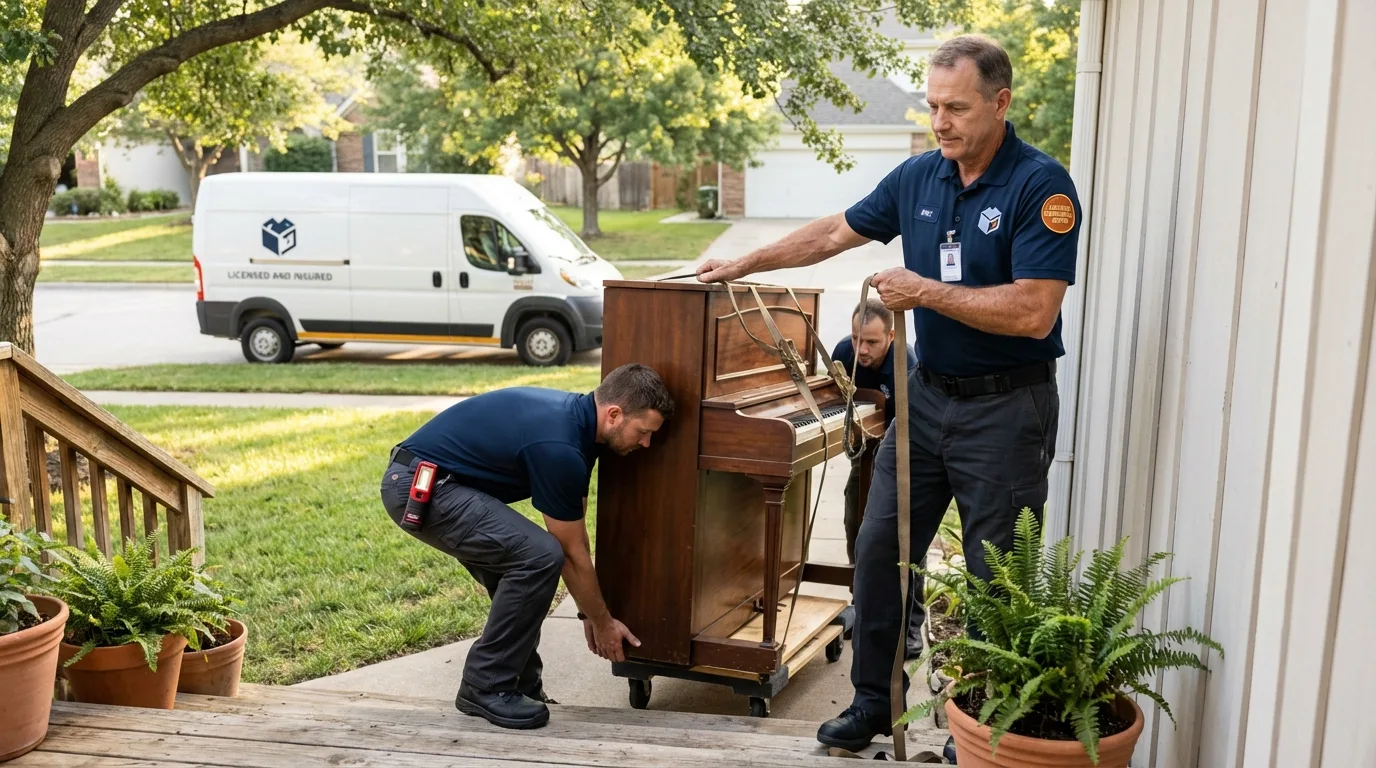 Licensed piano movers securing grand piano in Janesville, MN