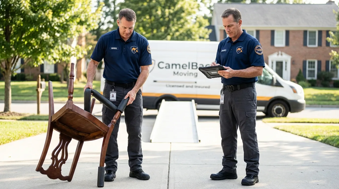 Movers inspecting furniture for damage prevention before loading in Janesville, MN