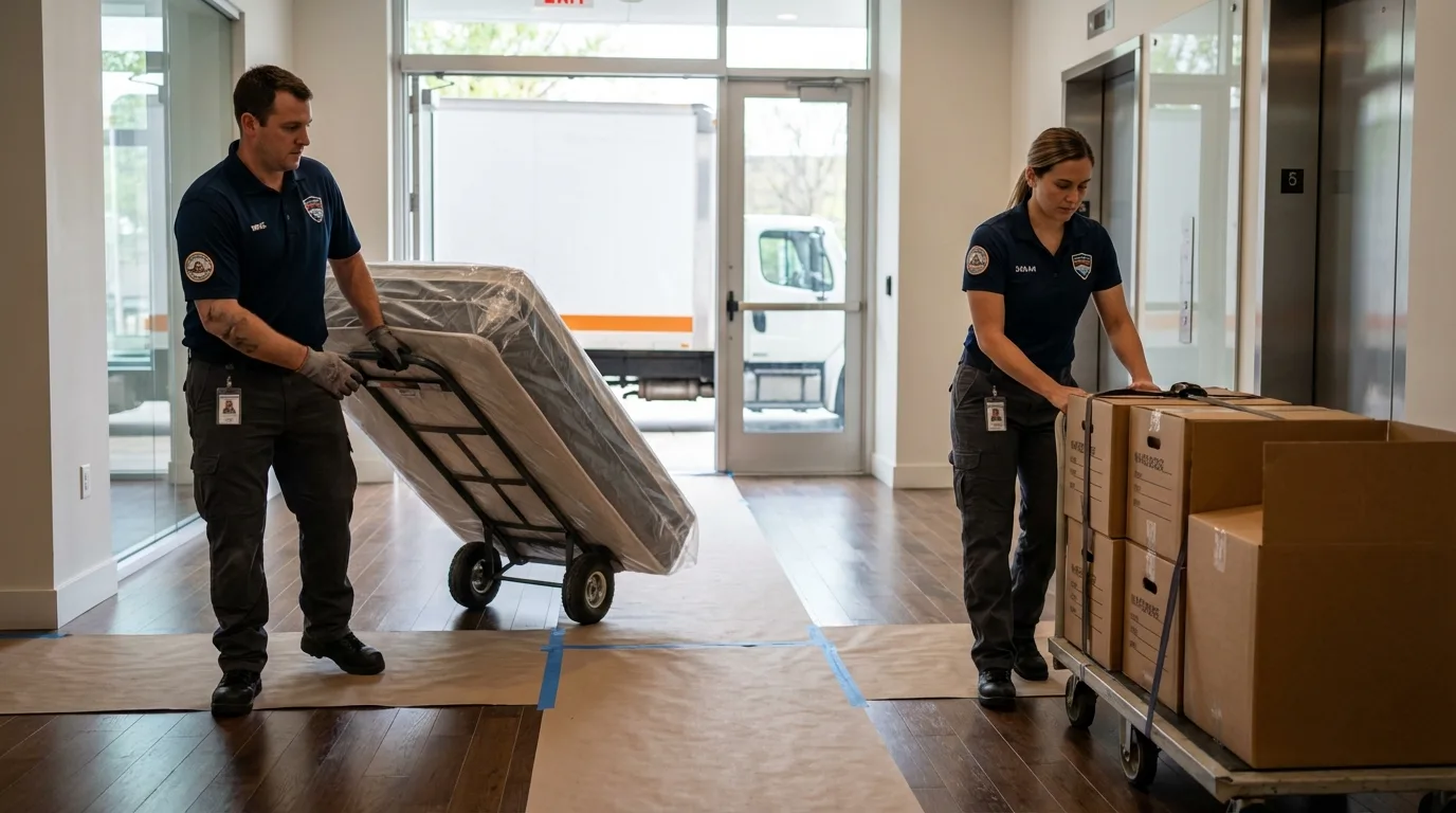 Professional apartment movers loading elevator in Janesville, MN