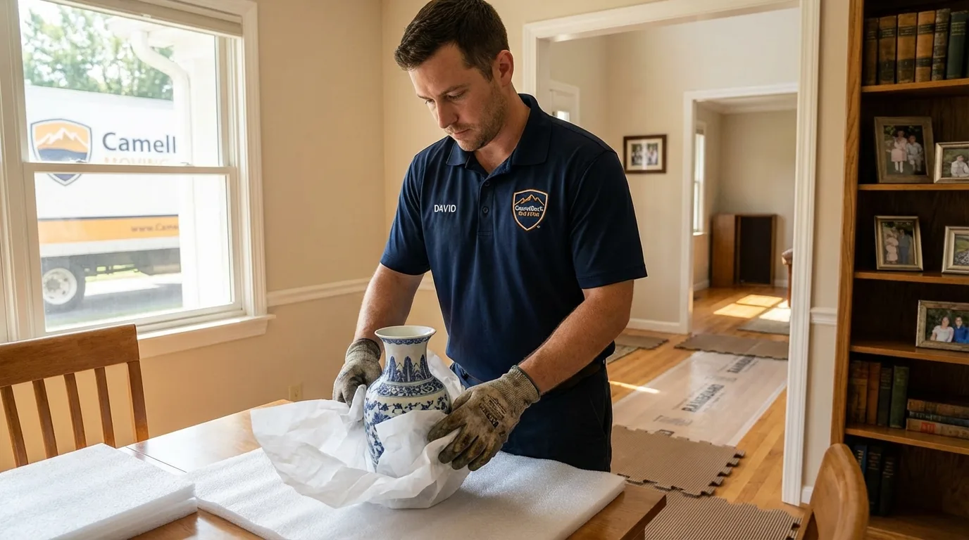 Professional crew carefully wrapping antique vase for senior downsizing move in Janesville, MN